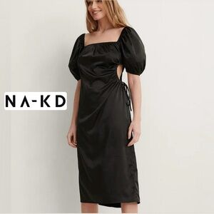 NEW NA-KD Silk Cut-Out Black Puff Sleeve Cut Out Dress - Midi Dress - Size Large